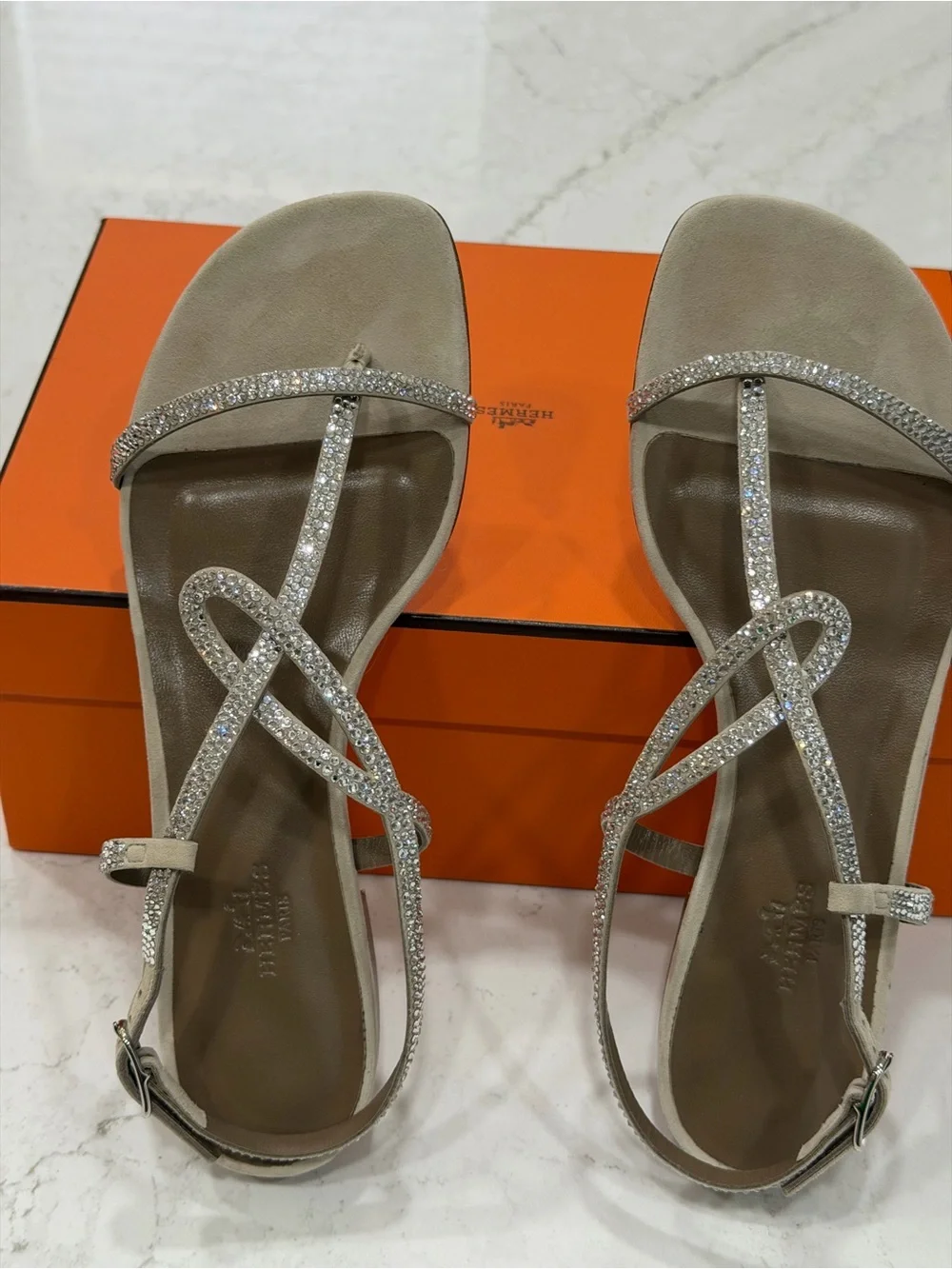 Hermes Crystal-Embellished Beige T-Strap Sandal - Picture 3 of 12